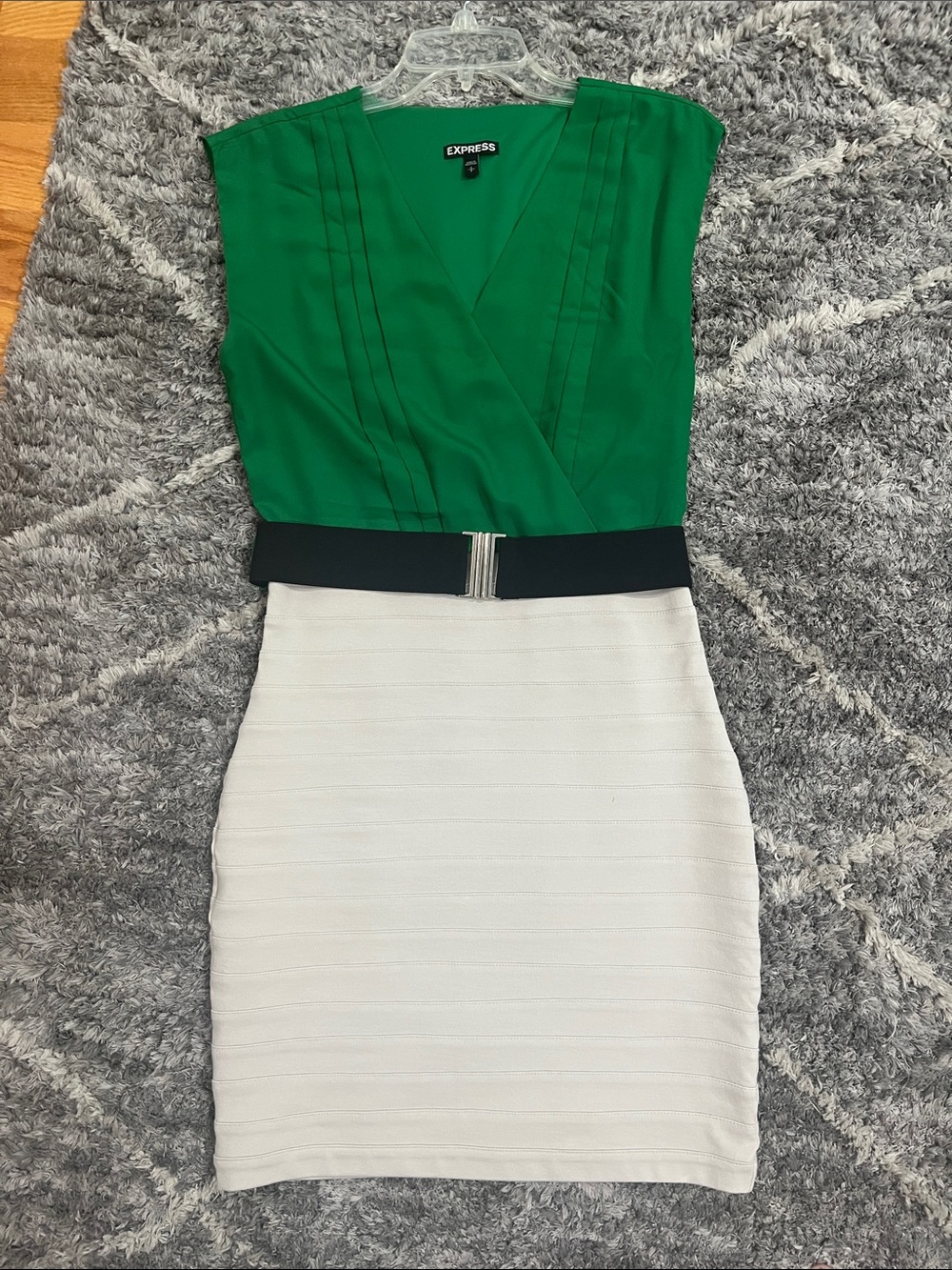 Express Green and White Colorblock Sheath Dress with Black Waist Detail